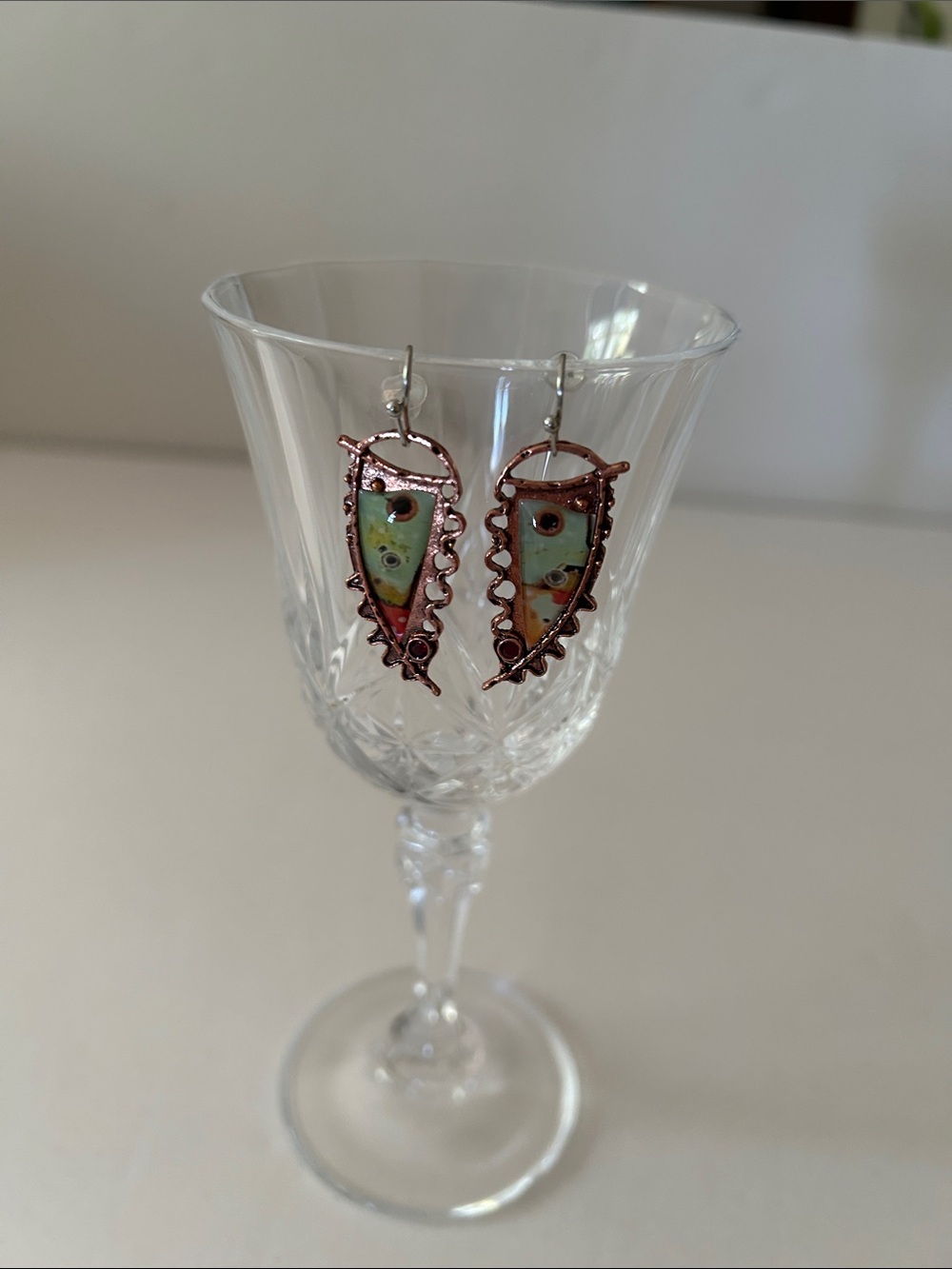 Handcrafted Copper-Trim Green Drop Earrings